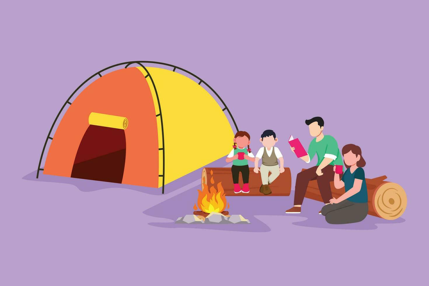 Graphic flat design drawing happy family at summer camping spending time together. Dad reading books near campfire. Mom, son, daughter listen story. Travel at nature. Cartoon style vector illustration