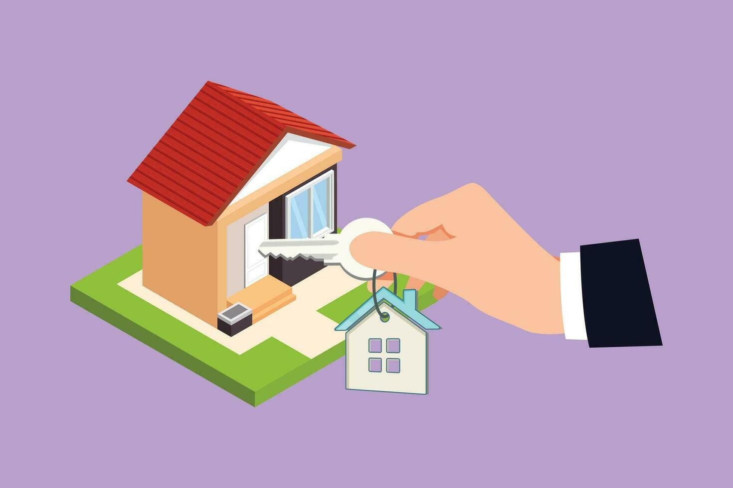 Character flat drawing stylized man hand insert key into keyhole house. Open the doors. Real Estate concept, template for sales, rental, advertising. Sign on home. Cartoon design vector illustration