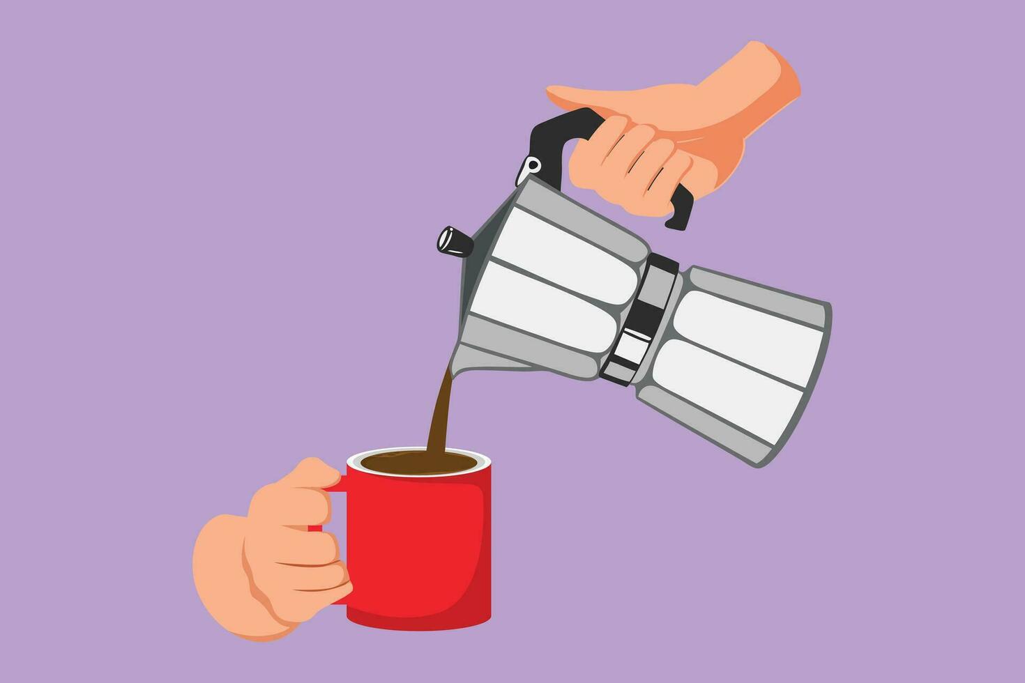 Cartoon flat style drawing young happy barista pouring hot chocolate coffee to cup from moka pot