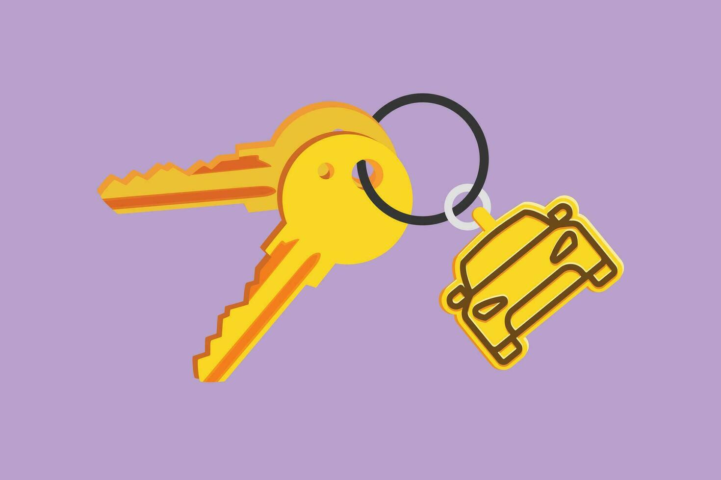 Character flat drawing keys with car shaped key holders. Keychain with key ring, two keys and pendant car locket. Keychain with car with locket logo, icon, symbol. Cartoon design vector illustration