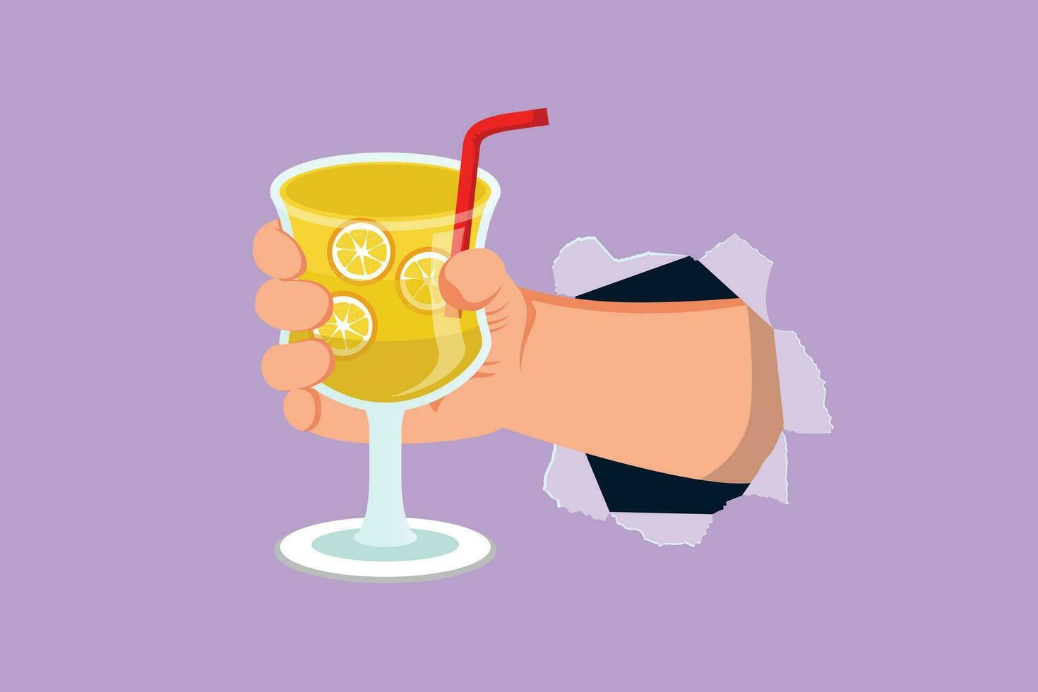 Cartoon flat style drawing hand holding glass with lemonade fruit juice through torn blue paper. Drink made of fresh lemon juice. Juicy orange water. Relaxing time. Graphic design vector illustration