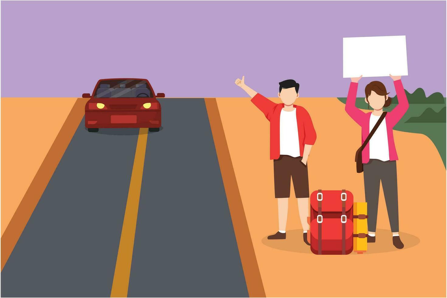 Cartoon flat style drawing of young happy couple with backpacks standing near road and hitchhiking. Man woman thumbing or hitching ride. Adventure travel, road trip. Graphic design vector illustration