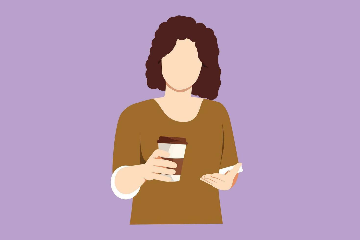 Character flat drawing beautiful young woman holding and showing paper cup of hot coffee on street city. Enjoys leisure time at office, dressed in stylish clothes. Cartoon design vector illustration