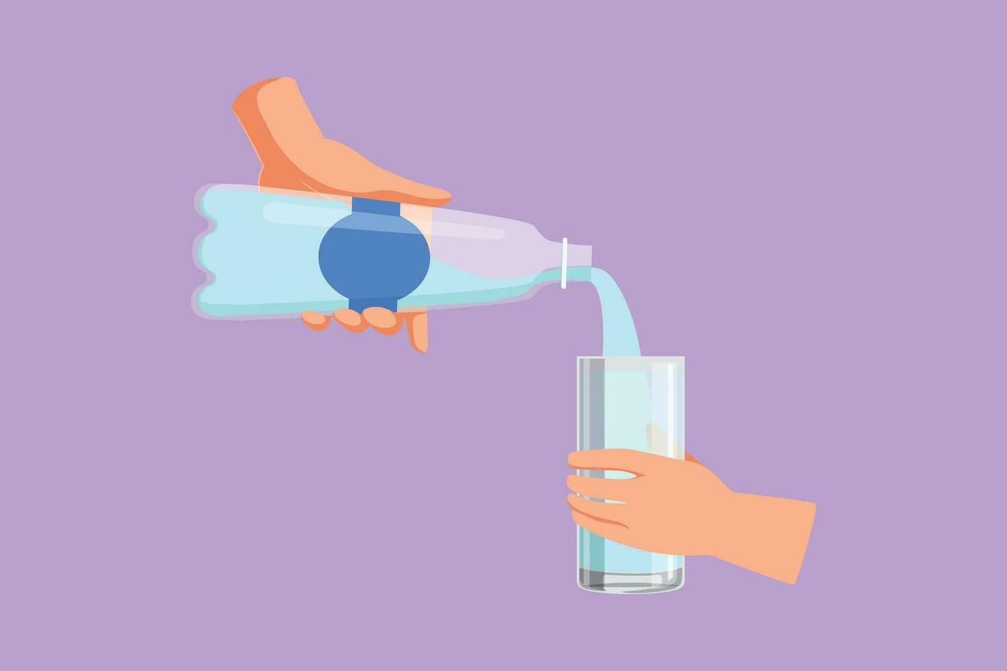 Character flat drawing stylized human hand holding plastic bottle of water, pouring water into glass. Cool mineral natural drink. Glass and bottle holding in hand. Cartoon design vector illustration