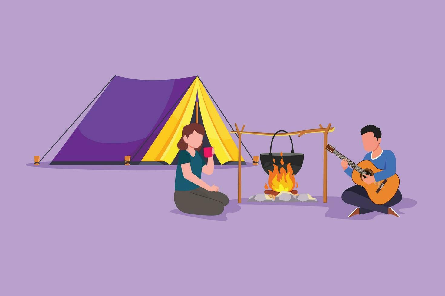 Graphic flat design drawing camping romantic couple around campfire tents. Man playing guitar and woman drinking hot tea getting warm near bonfire sitting on ground. Cartoon style vector illustration