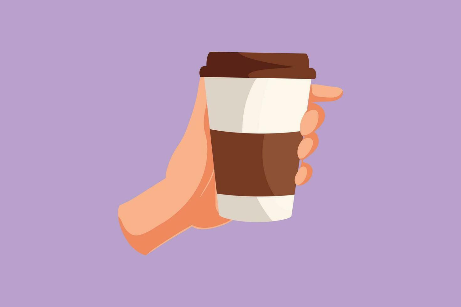 Graphic flat design drawing hands in side view hold paper to go take away coffee or tea cup. Hand holding reusable mug of hot coffee. Zero waste concept for beverage. Cartoon style vector illustration