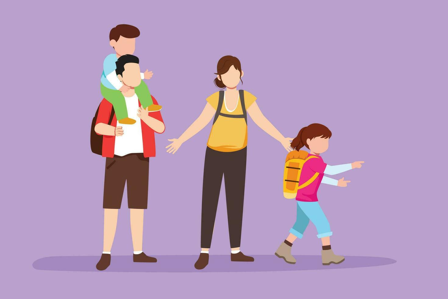 personaje plano dibujo excursionismo familia con dos niños. grupo de personas con mochilas en montaña paisaje. mamá, papá, hijo y hija. familia tiempo, fiesta logo. dibujos animados diseño vector ilustración