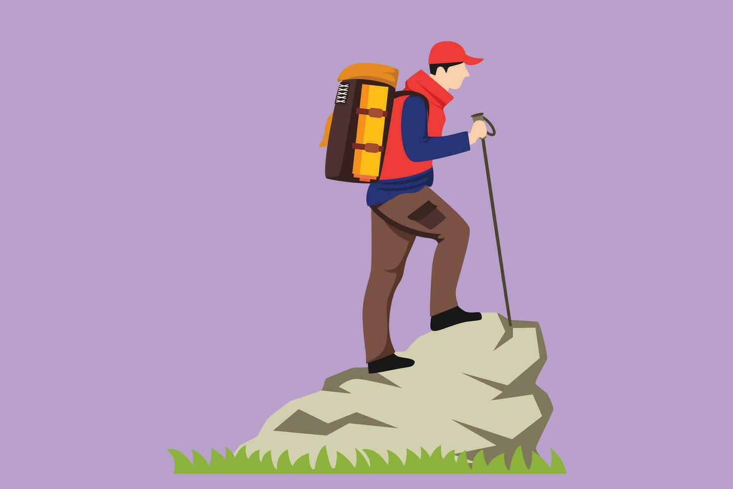 Graphic flat design drawing young hiker with backpack on top of mountain logo, icon. Trekking man simple sketch, Outdoor activity. Happy hikers, tourists or climbers. Cartoon style vector illustration