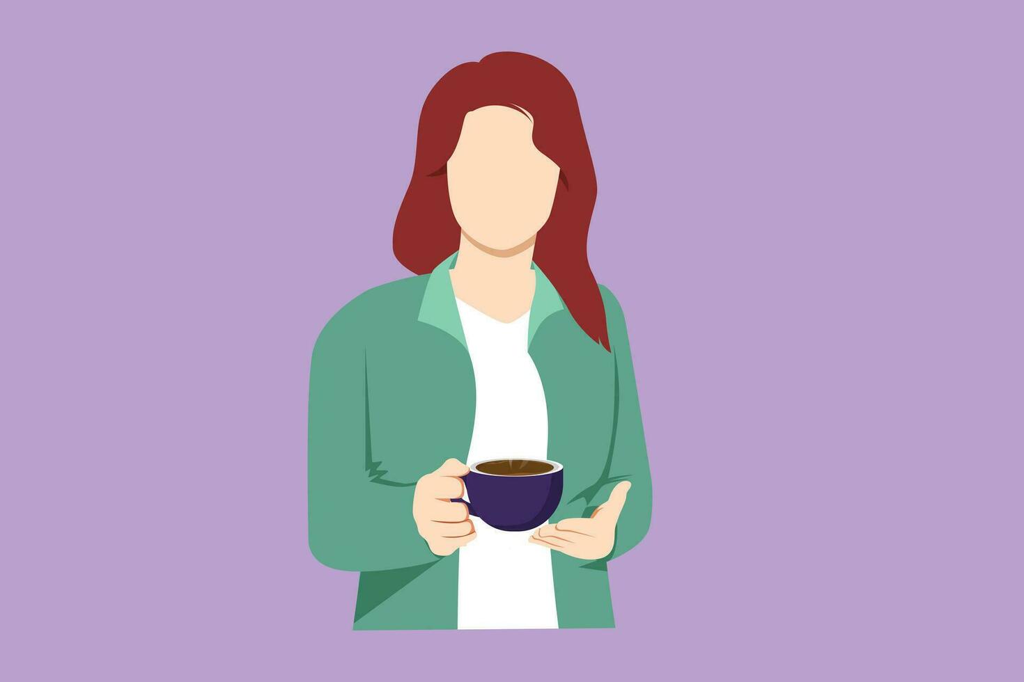 Cartoon flat style drawing of beautiful business woman holding and showing coffee cup sitting in the coffee shop. Business dress code. Enjoy relax time after office. Graphic design vector illustration