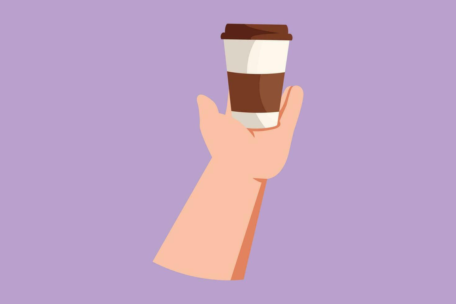 Graphic flat design drawing coffee disposable cup in businessman hand. Coffee cup isolated in blue background. Hand of man hold coffee cup logo. Symbol of coffee mug. Cartoon style vector illustration