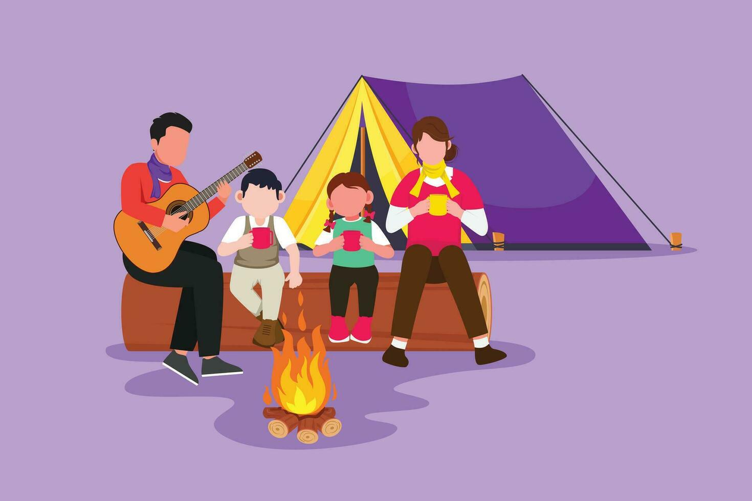 Graphic flat design drawing adventure hiker family camping with bonfire. Drinking hot tea or coffee, sitting on logs. Father playing guitar and sing song with child. Cartoon style vector illustration