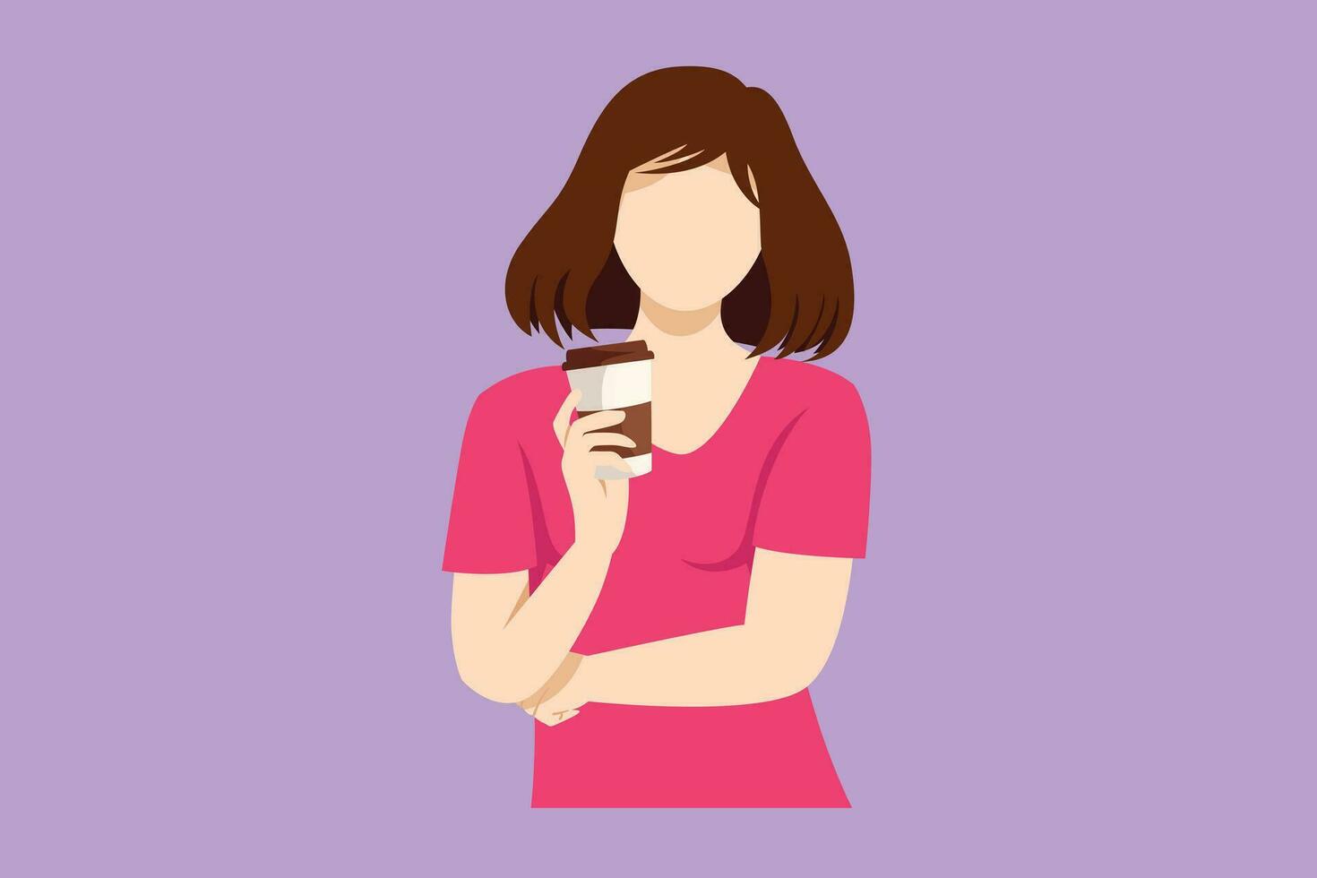 Cartoon flat style drawing young beautiful female college student standing wearing casual shirt holding a paper cup of coffee drink. Drinking tea zero waste concept. Graphic design vector illustration