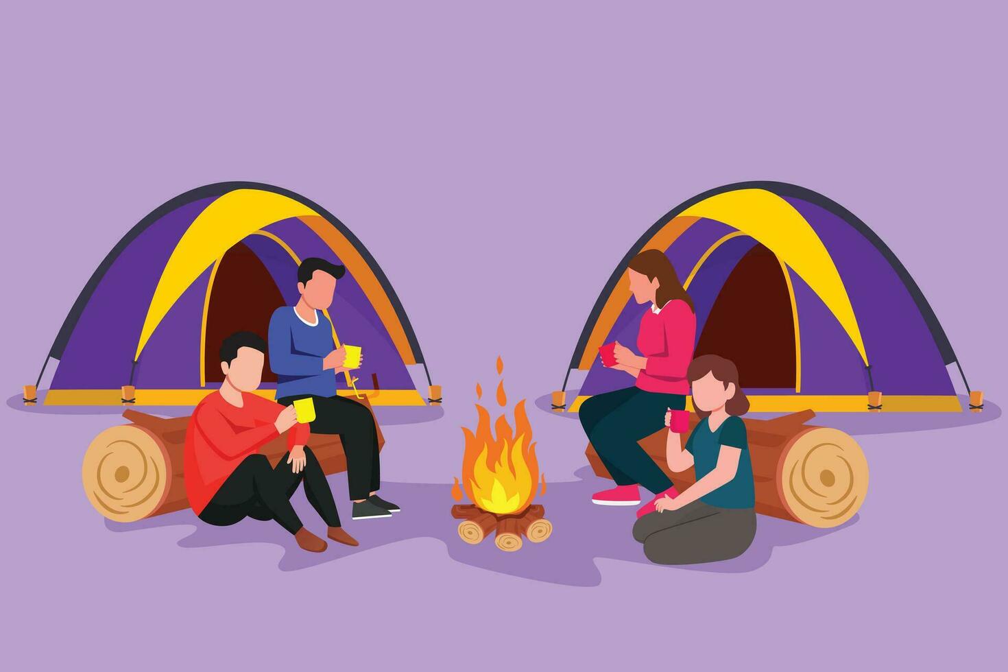 Character flat drawing two romantic couple camping around campfire tent. Group of man woman sitting on ground and drinking hot tea, coffee getting warm near bonfire. Cartoon design vector illustration