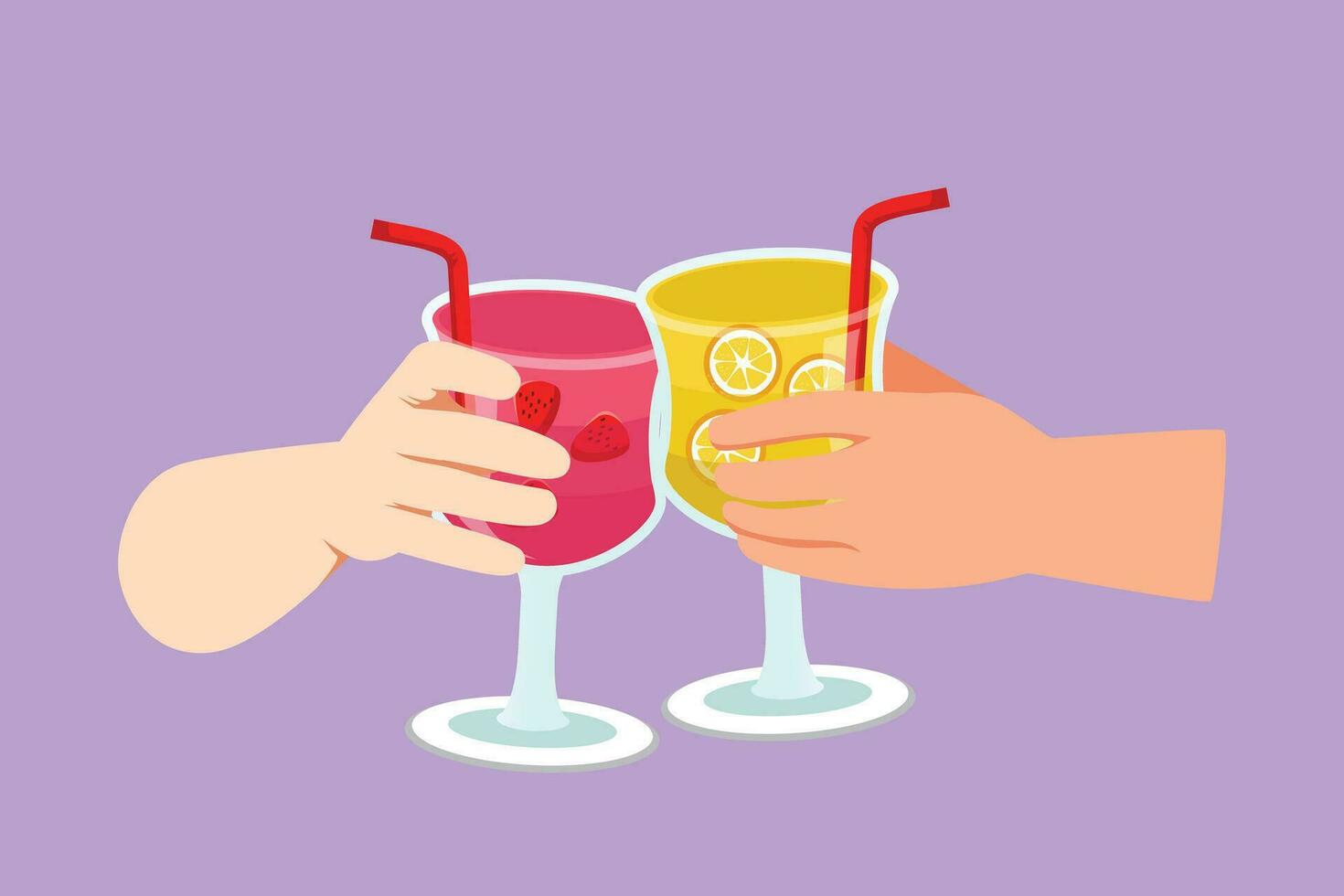 Character flat drawing of couple toasting healthy juice drinks together at restaurant. Detox smoothie drink toast at summer holidays. Fruit juicing weight loss diet. Cartoon design vector illustration