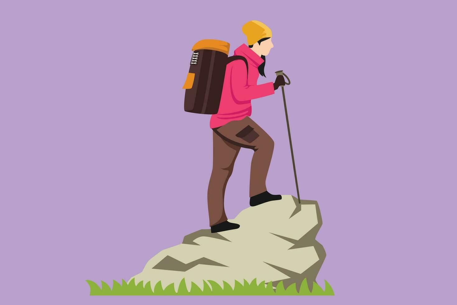Cartoon flat style drawing pretty woman climbing up cliff or mountain. Funny hikers, tourists or climbers isolated on blue background. Happy girl hiking or trekking. Graphic design vector illustration