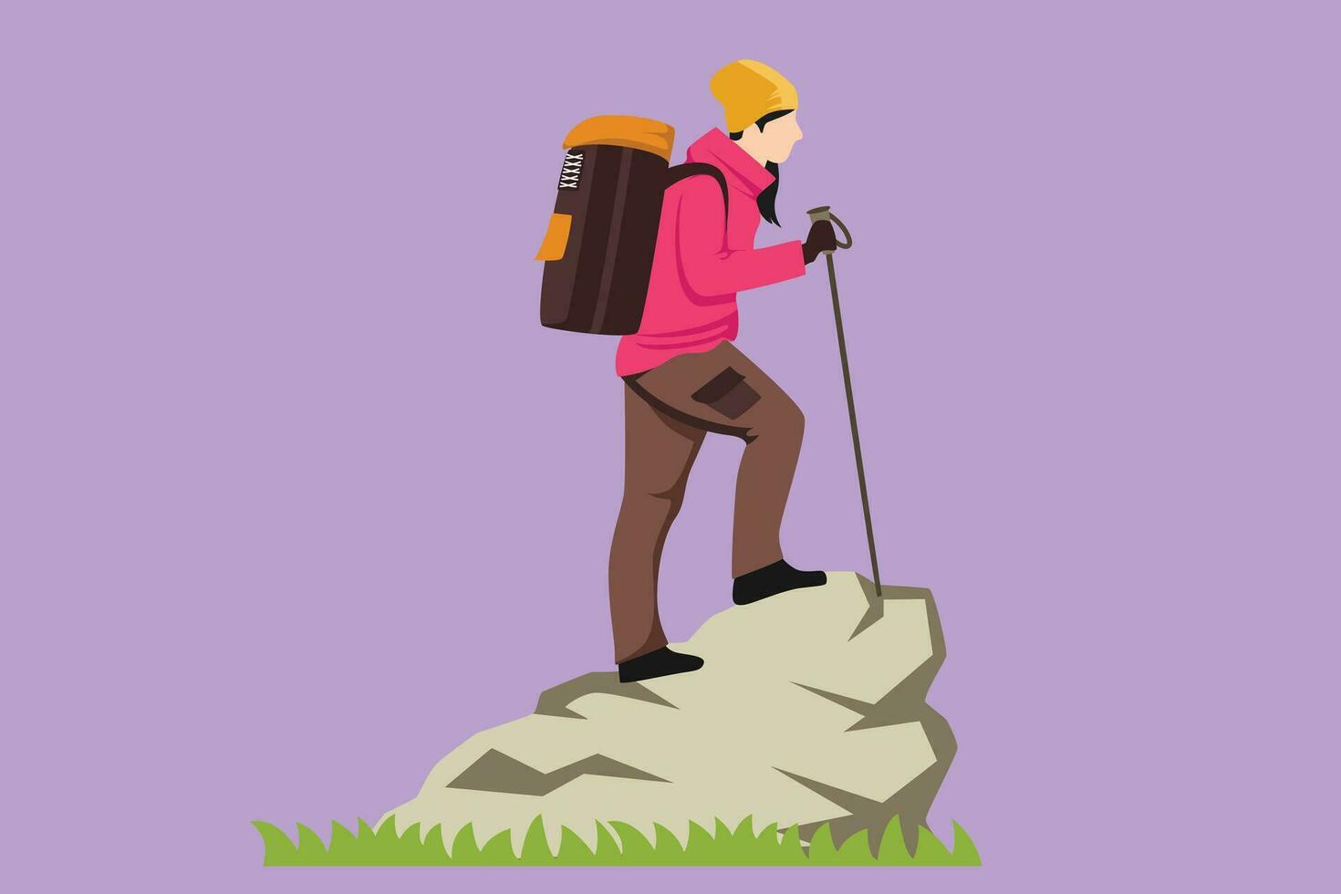 dibujos animados plano estilo dibujo bonito mujer alpinismo arriba acantilado o montaña. gracioso caminantes, turistas o escaladores aislado en azul antecedentes. contento niña excursionismo o trekking gráfico diseño vector ilustración