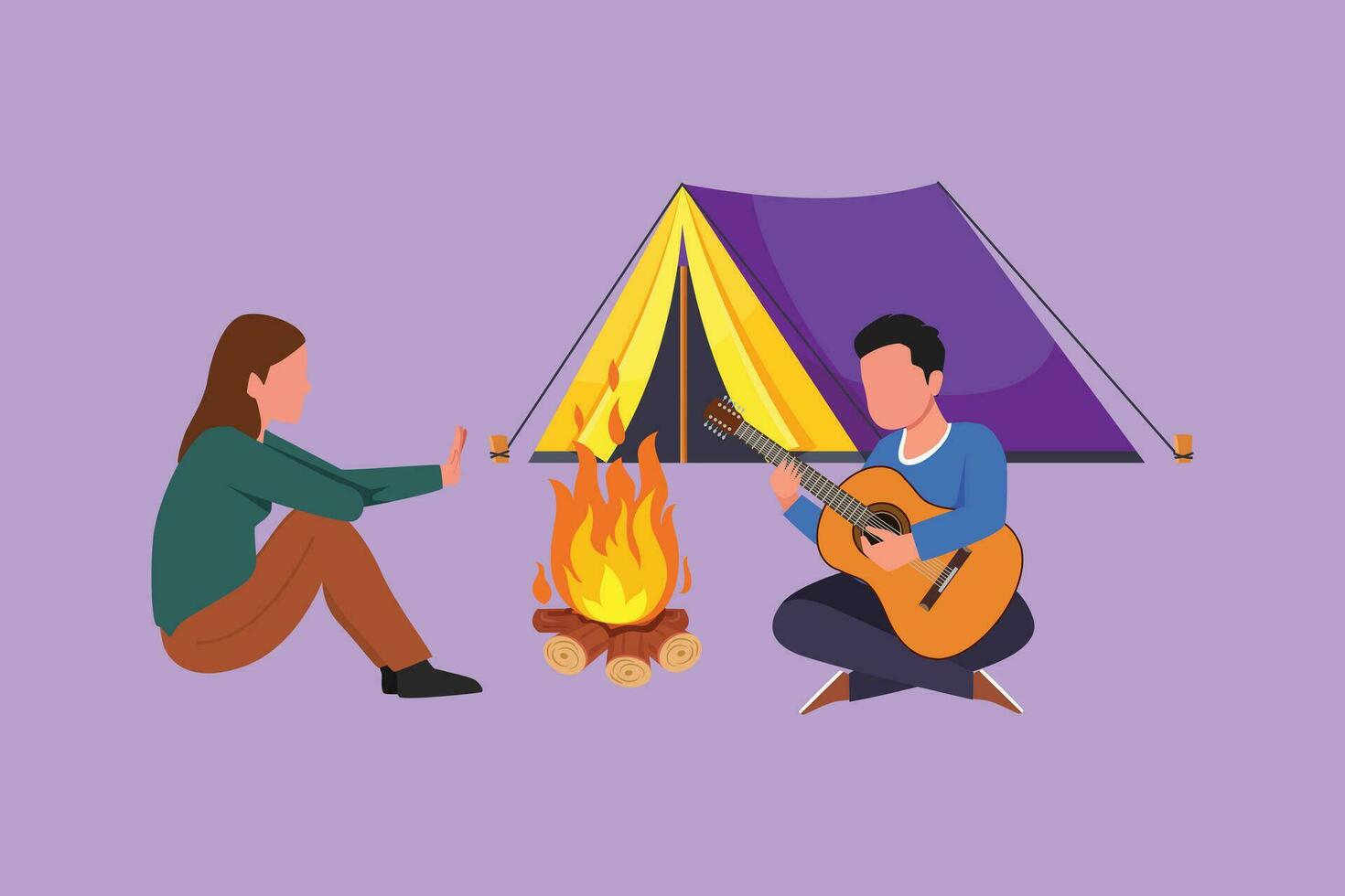 Cartoon flat style drawing couple camping around campfire tents. Man woman warm their hands near bonfire, man playing guitar and sing song. Nature exploration trip. Graphic design vector illustration