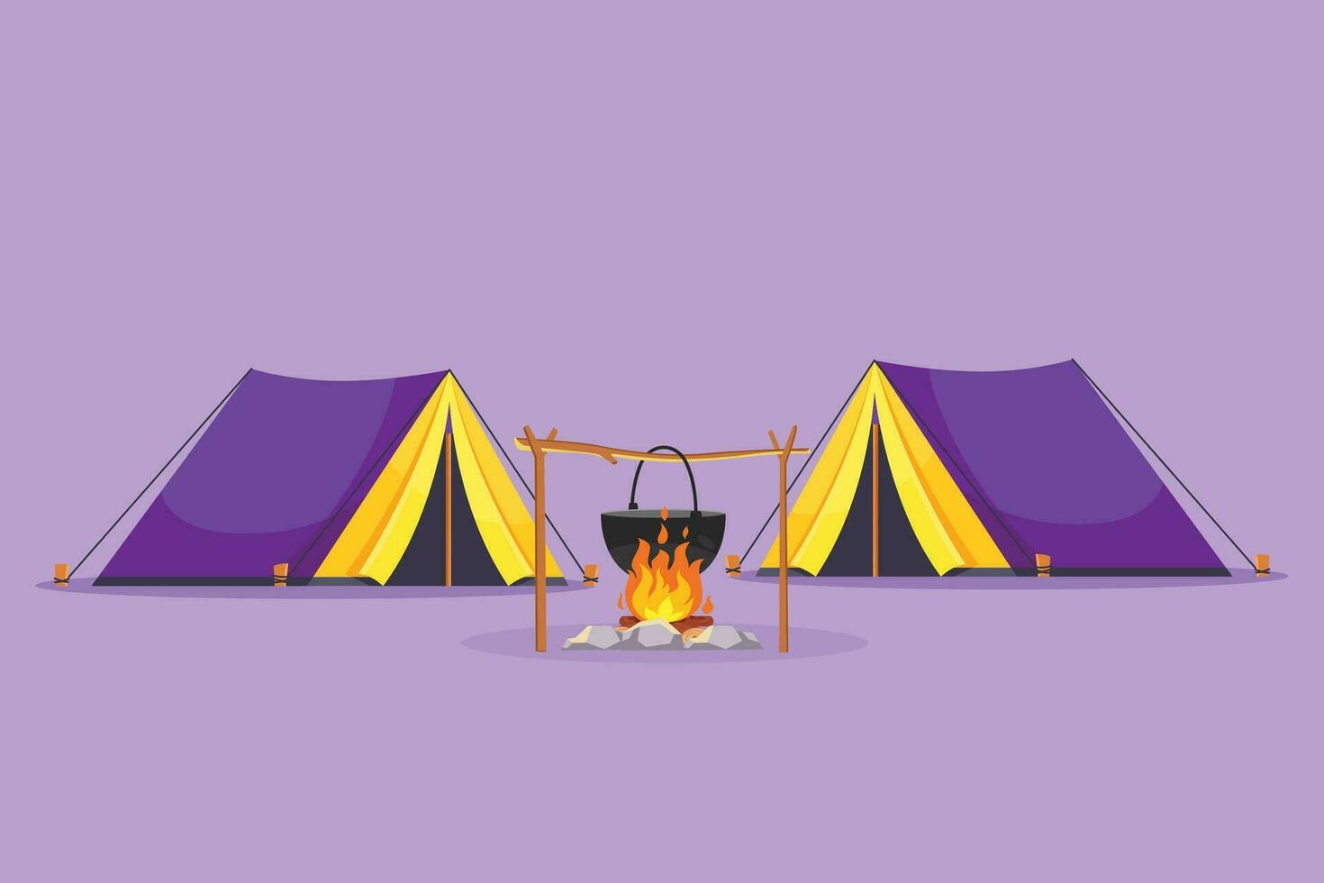 gráfico plano diseño dibujo estilizado cámping composición con dos carpas fuego frio caja aislado en azul antecedentes. árboles, noche cielo, aventura, naturaleza, viaje, viajar. dibujos animados estilo vector ilustración