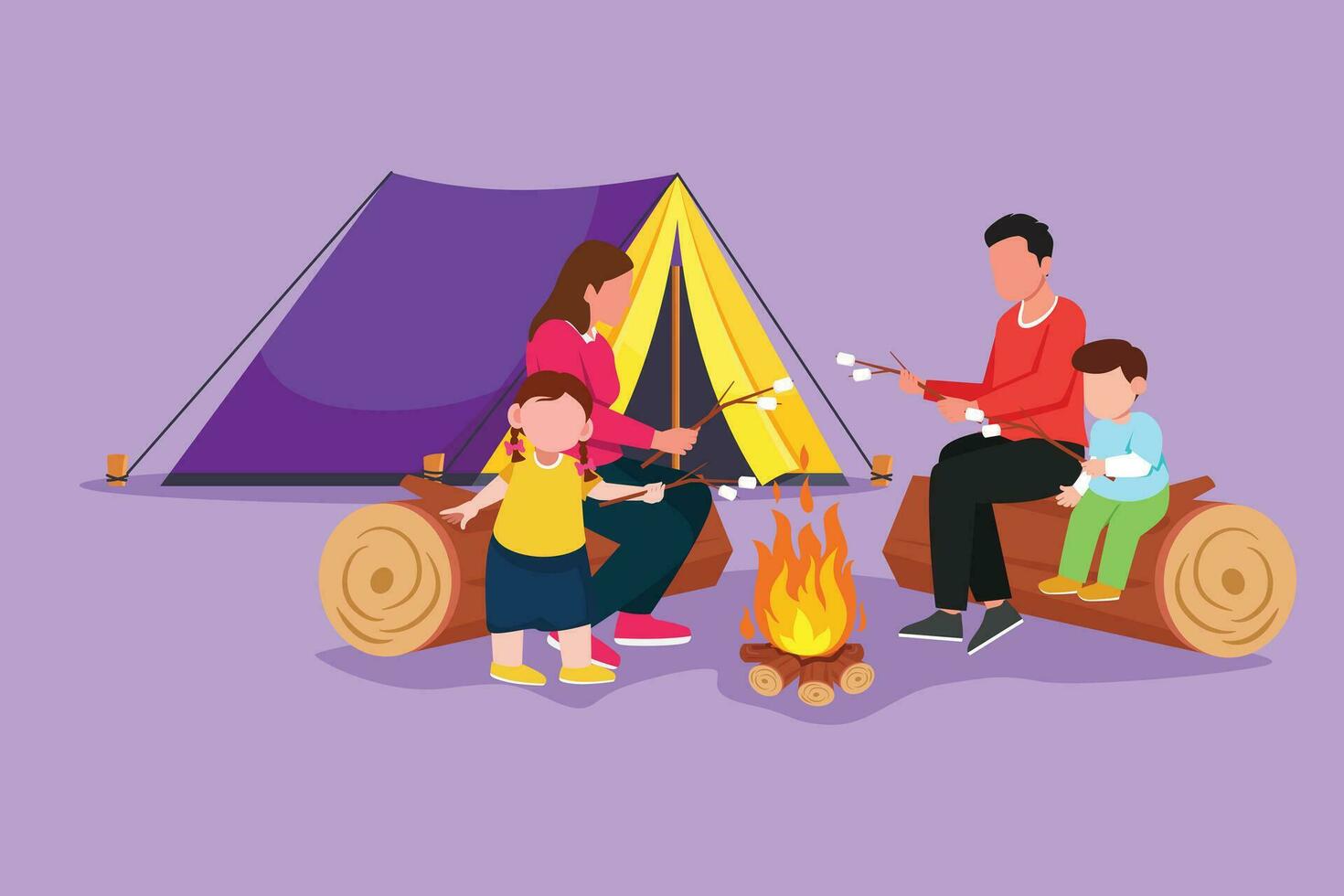 gráfico plano diseño dibujo de contento familia sentar por hoguera. alegre turistas, campistas mamá, papá y niños asado Malvaviscos para bocadillo. noche cámping aventuras viaje. dibujos animados estilo vector ilustración