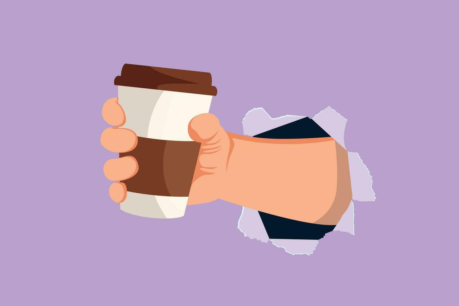 Graphic flat design drawing hand holding disposable paper of coffee cup through torn blue paper or hole. Energy boost, hot drink in take away package from restaurant. Cartoon style vector illustration