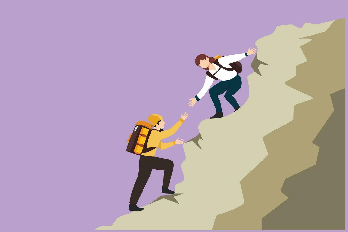 Character flat drawing two woman help each other to climb up the mountain. Help hand, hope and support. Business, success, leadership, achievement and goal concept. Cartoon design vector illustration