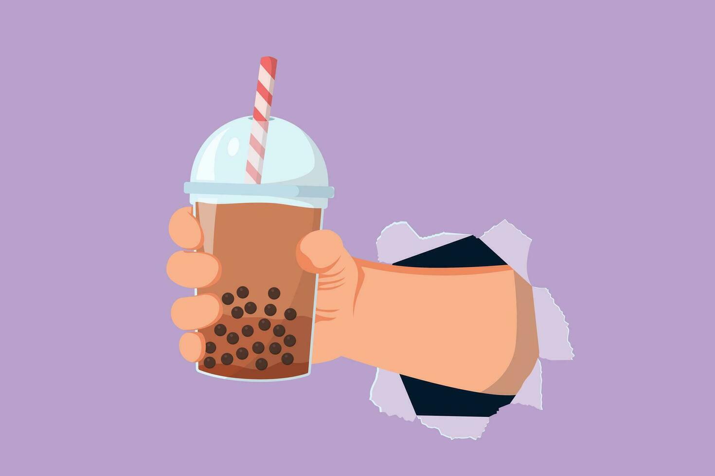 Graphic flat design drawing hand holding plastic cup of famous Taiwanese bubble tea through torn paper or hole. Take away glass with pearl milk tea. Sweet beverage. Cartoon style vector illustration