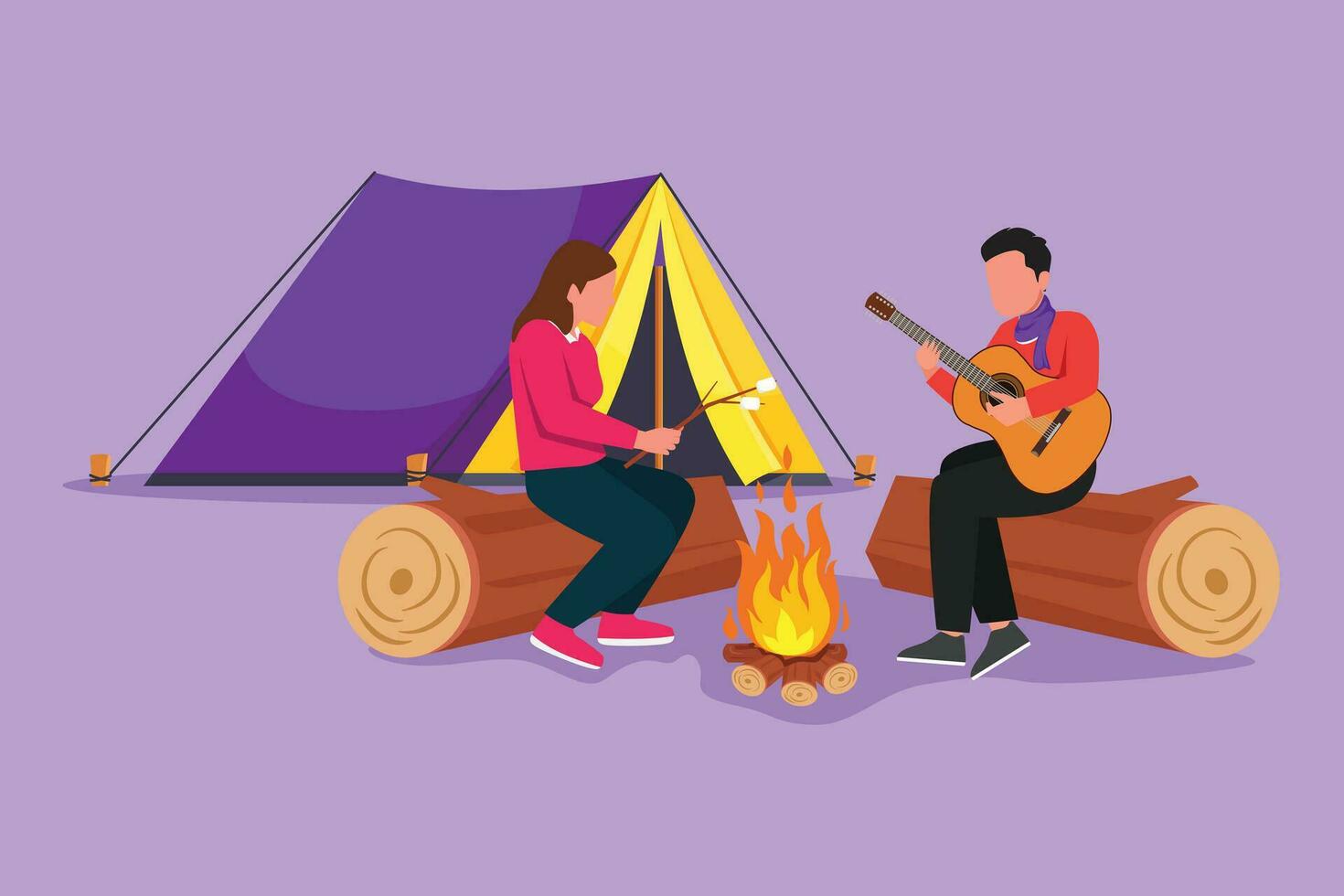 gráfico plano diseño dibujo romántico Pareja verano acampar. hombre jugando guitarra y mujer sentado por hogar en registro. hoguera con fritura malvavisco. al aire libre vacaciones. dibujos animados estilo vector ilustración