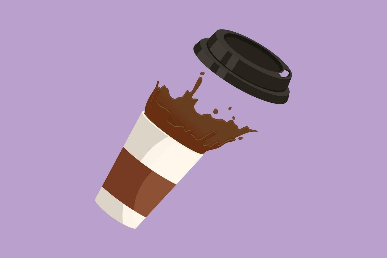 Character flat drawing falling disposable paper cup with coffee splash icon. Splash of coffee in paper cup. Hot coffee paper cup of spilling coffee creating splash. Cartoon design vector illustration