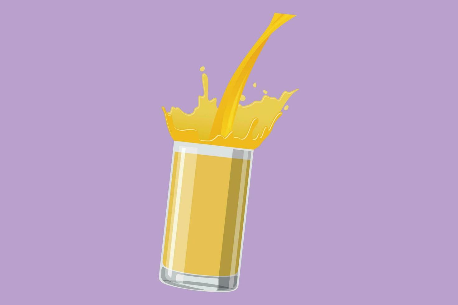 Character flat drawing orange juice pouring into glass creating splashes. Splashing lemonade in a glass. Mango splash in a glass. Orange poured into glass logo icon. Cartoon design vector illustration