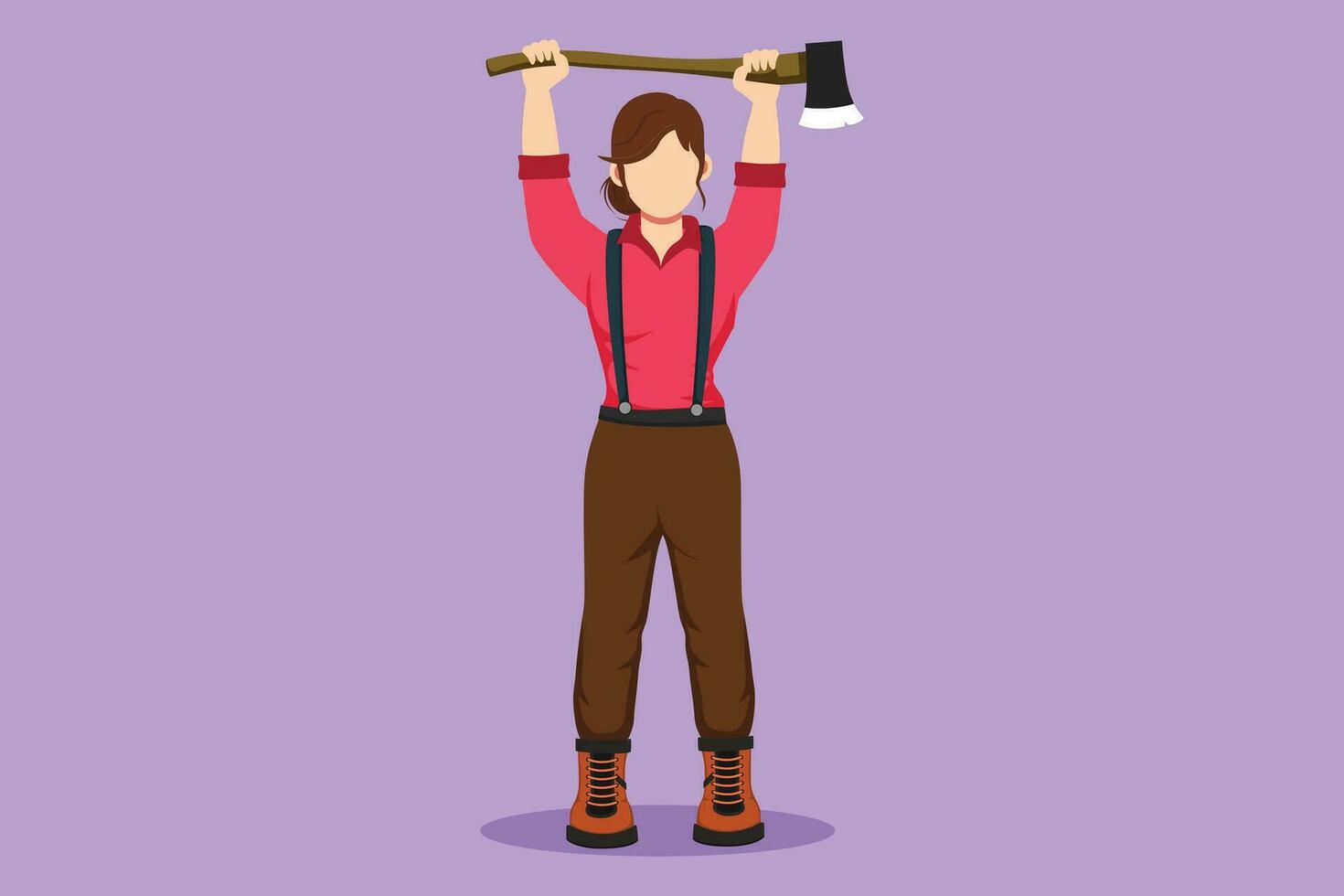 Character flat drawing cute woman lumberjack standing, lifting up axe with two hands. Wearing shirt, jeans, boot. Beautiful female woodcutter pose on logging forest. Cartoon design vector illustration