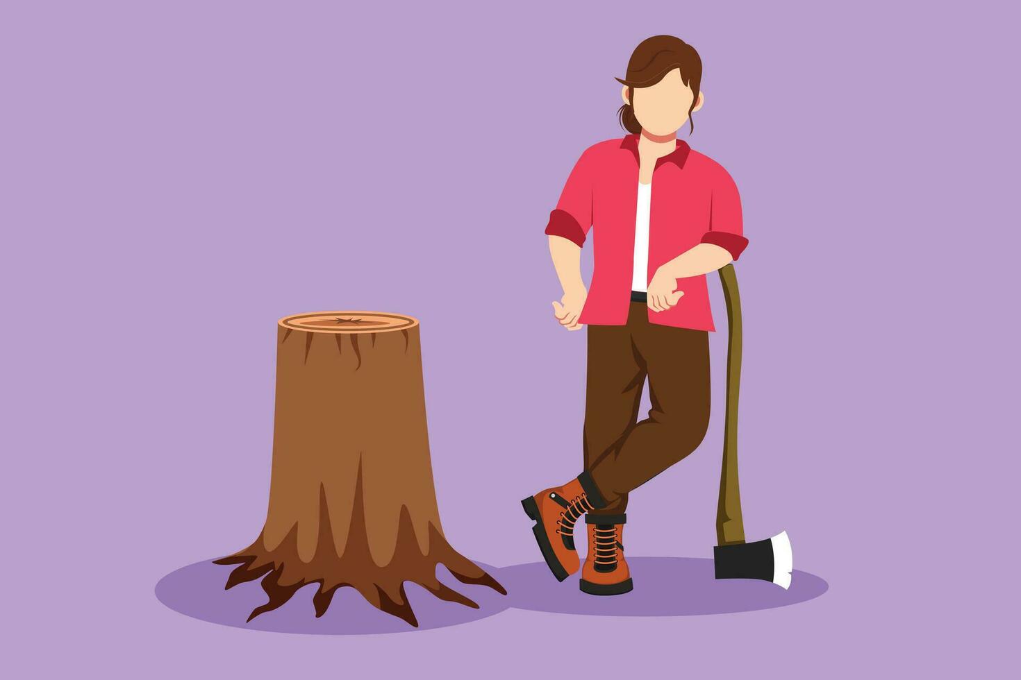 Character flat drawing beautiful woman lumberjack wearing workwear, standing with axe and posing with one foot on a tree stump. Strong pretty girl working with ax. Cartoon design vector illustration