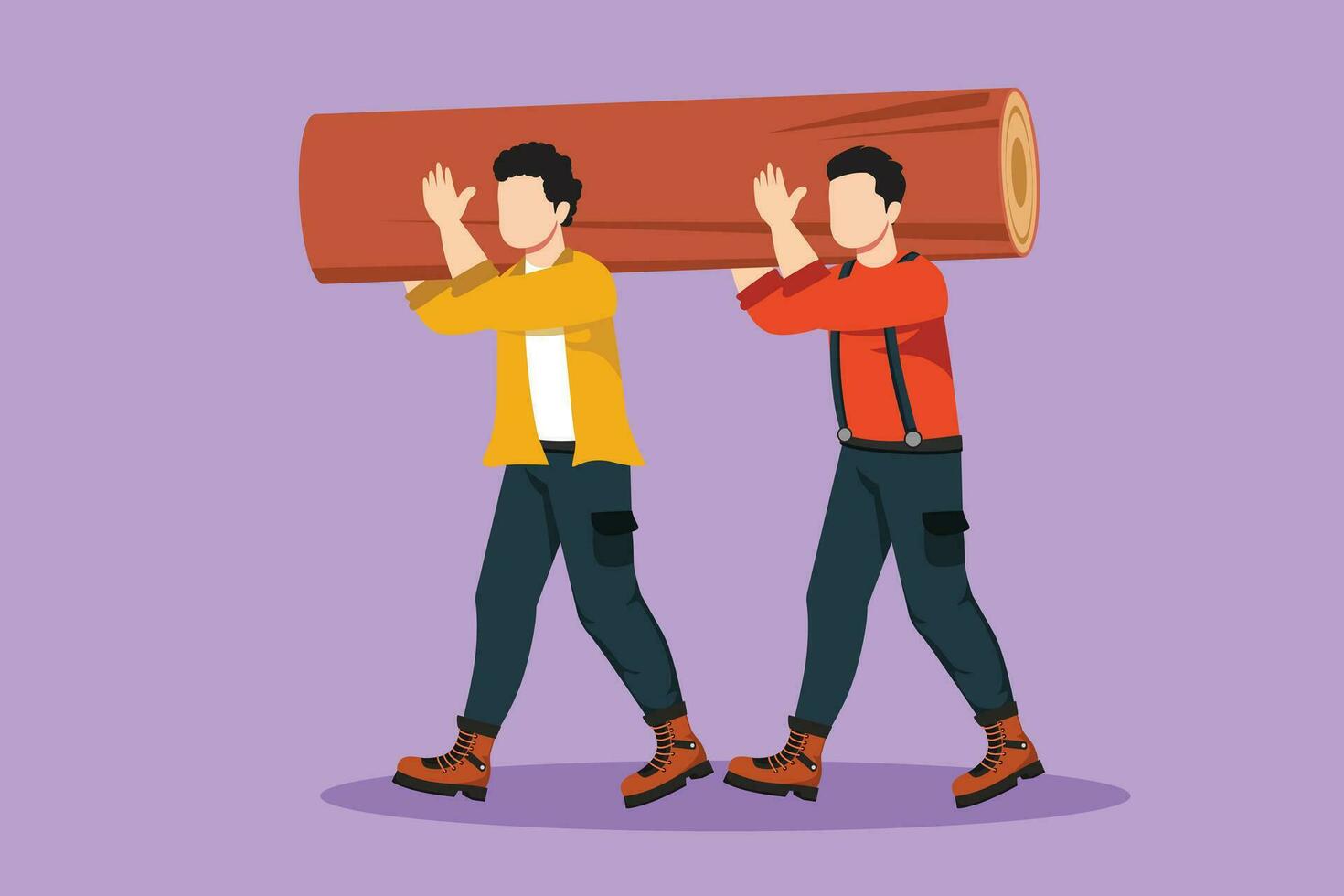 Cartoon flat style drawing couple of lumberjack laborers carrying heavy wooden log on shoulders in forest. Woodcutters working in wood logging industry. Two labor. Graphic design vector illustration