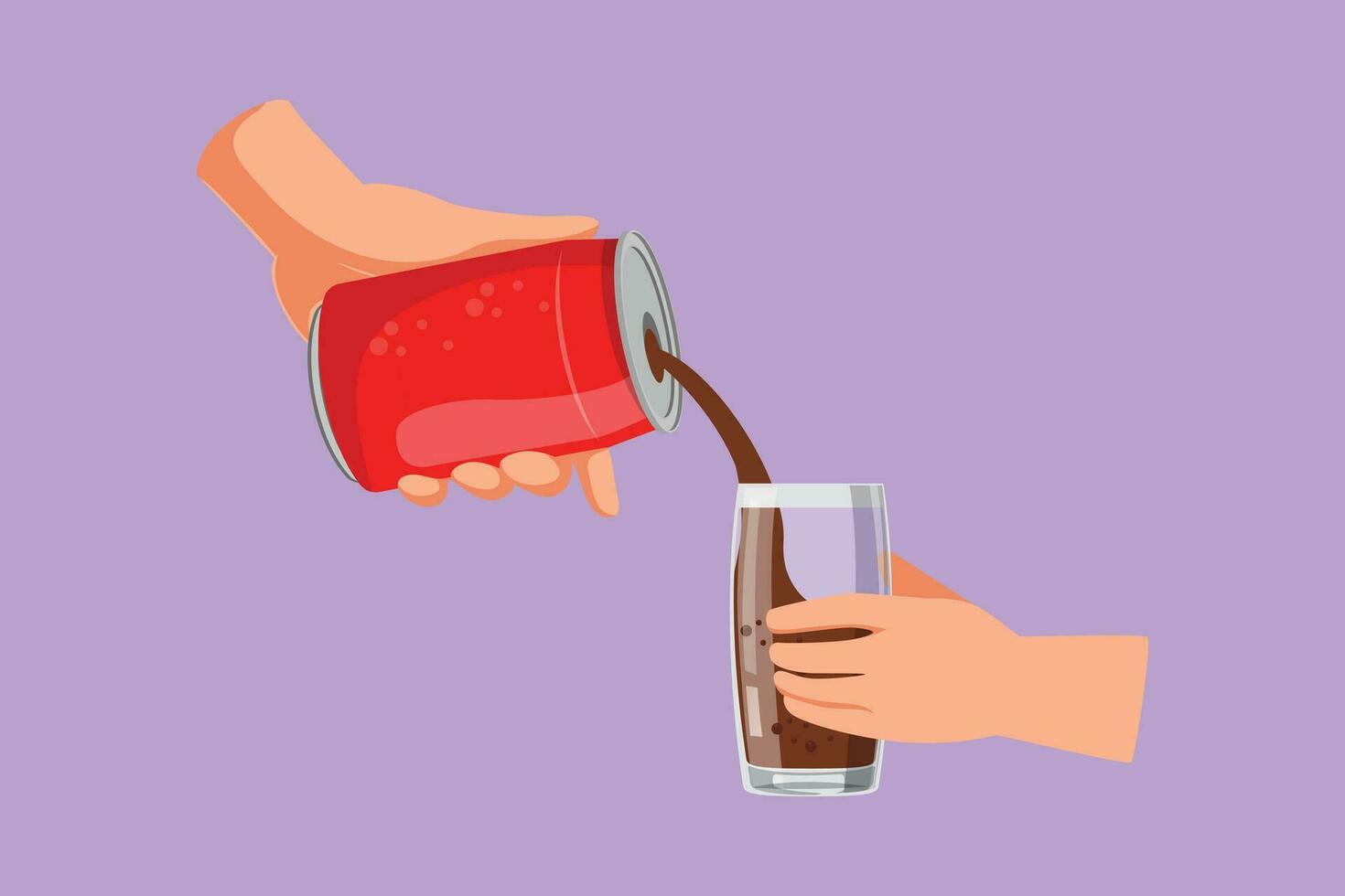 Cartoon flat style drawing of hand holding can of soda poured into glass. Male hand holding aluminium can isolated on blue background. Restaurant or cafe drink menu. Graphic design vector illustration