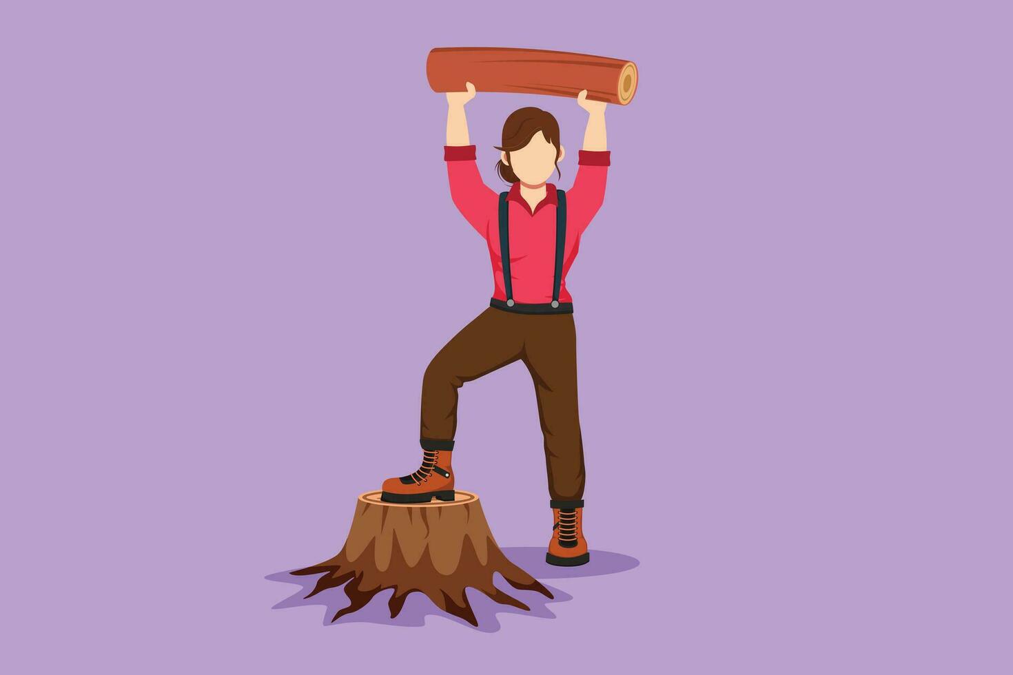 Graphic flat design drawing beautiful woman lumberjack holding and lifting up downed log. Wearing suspender shirt, jeans and boot, posing with one foot on tree stump. Cartoon style vector illustration