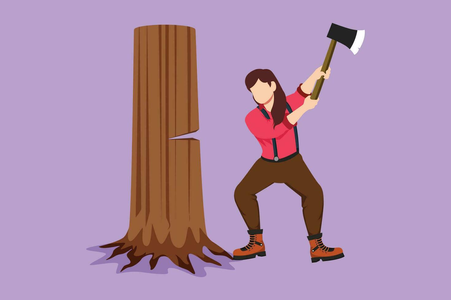 Graphic flat design drawing female lumberjack with an ax chopping wood. Woodcutter chopping tree with axe. Wearing shirt, jeans, boots. Pretty woman with ax cut tree. Cartoon style vector illustration