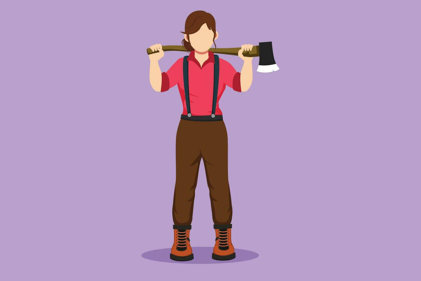 Character flat drawing pretty woman lumberjack in plaid shirt, jeans with belt, leather boots holding on her shoulder a ax with wooden handle. Strong girl with axe. Cartoon design vector illustration