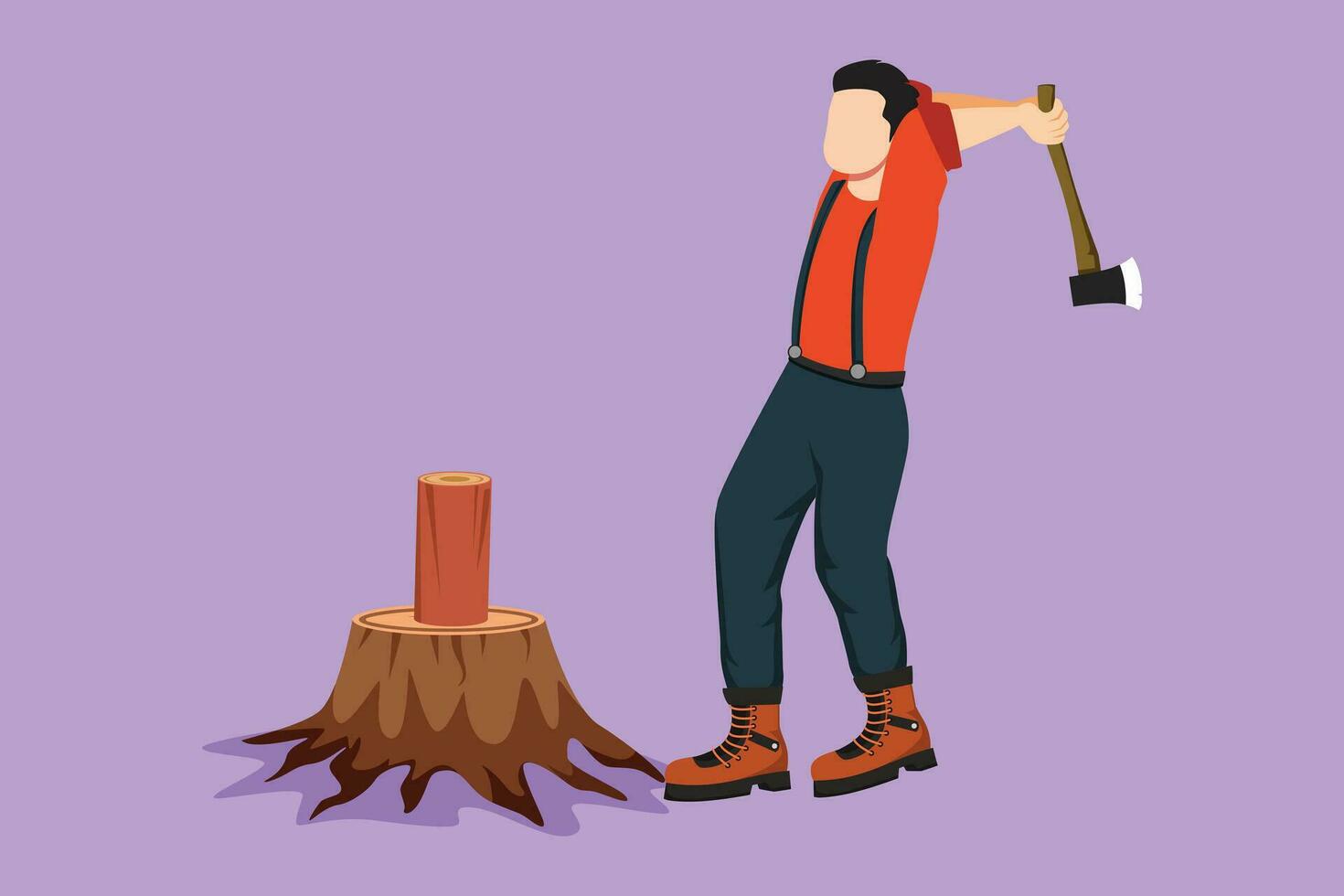 Graphic flat design drawing woodcutter or lumberjack chopping wood with axe. Wearing shirt, jeans and boots. Active man with ax in his hands cuts tree at forest icon. Cartoon style vector illustration