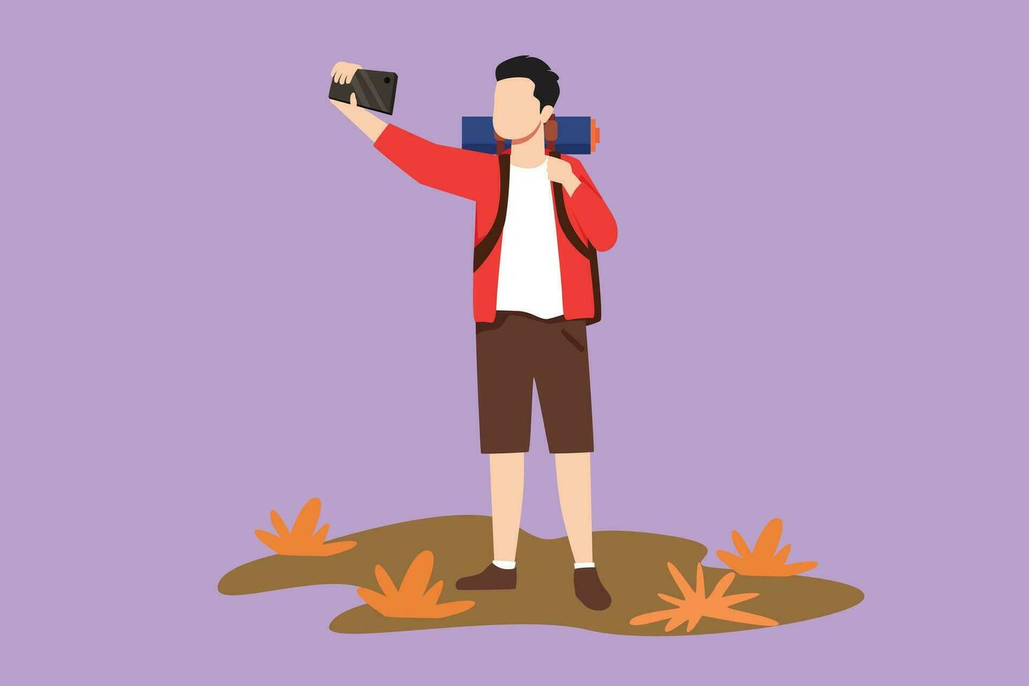 gráfico plano diseño dibujo activo hombre haciendo selfie con teléfono inteligente viaje masculino con mochila tomando autofoto turismo naturaleza mochilero o trekking viaje logo icono. dibujos animados estilo vector ilustración