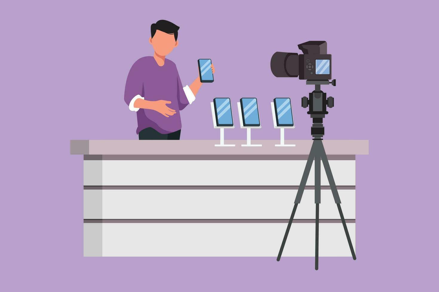 Character flat drawing of young blogger review and test new smartphone on dslr camera. Live broadcast on channel. Active man holding mobile phone for review product. Cartoon design vector illustration