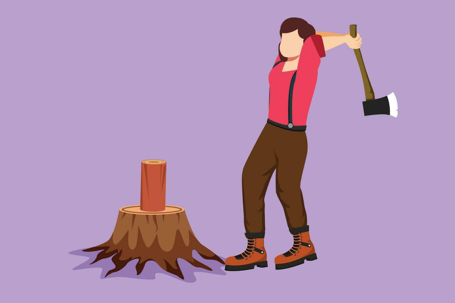 gráfico plano diseño dibujo belleza mujer leñador o leñador el cortar madera con hacha. vistiendo camisa, pantalones y botas. linda hembra con hacha en su manos cortes árbol. dibujos animados estilo vector ilustración