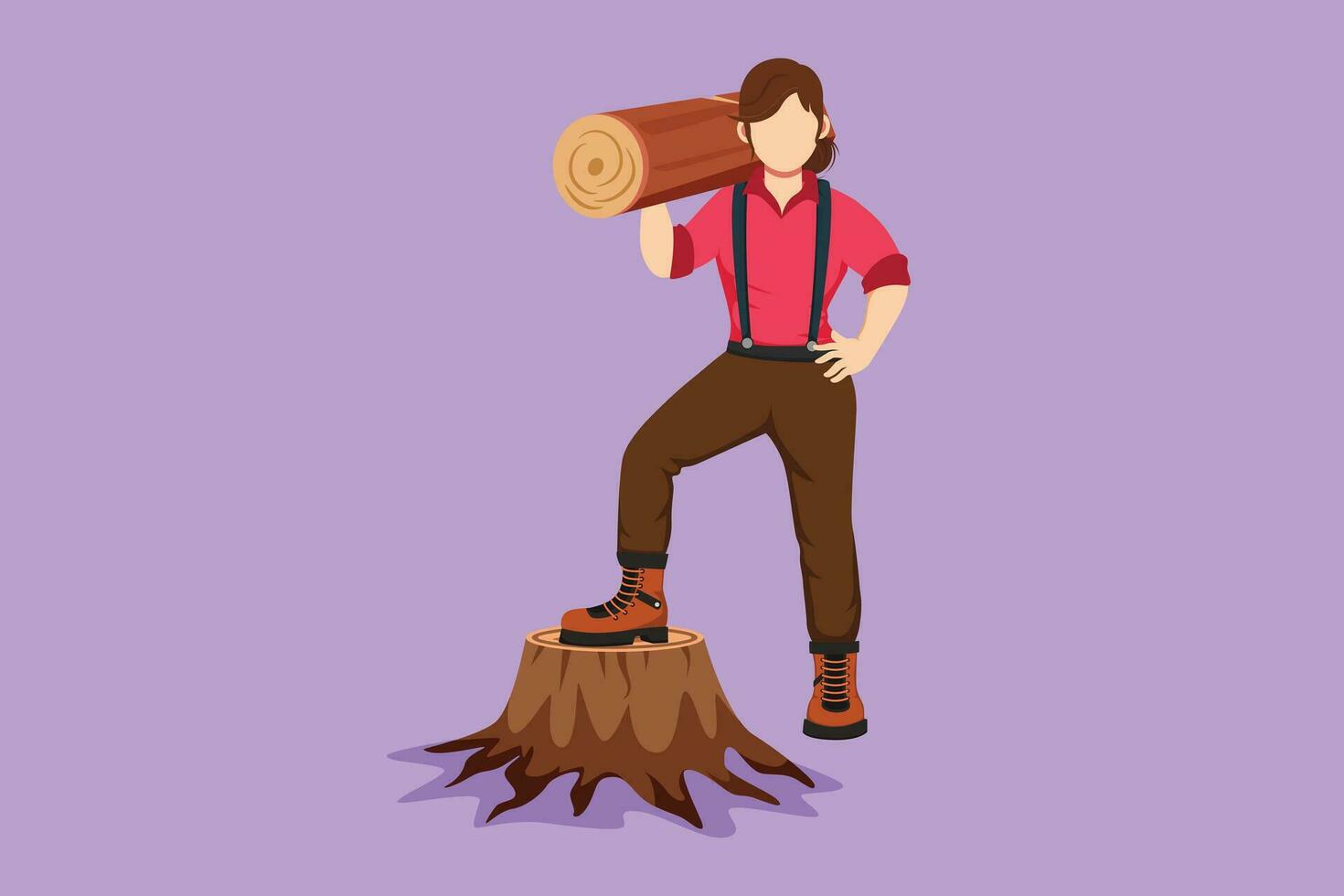 gráfico plano diseño dibujo linda mujer leñador o leñador participación madera. de madera materiales fabricación, en pie con hacha, posando con uno pie en árbol tocón. dibujos animados estilo vector ilustración