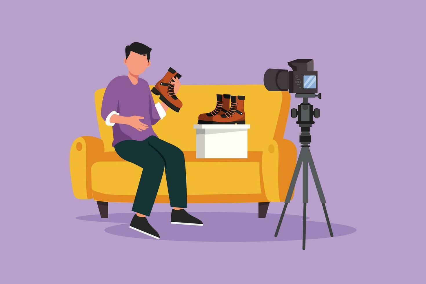Graphic flat design drawing social media influencer reviewing boots. Smiling young man vlogging about men's sports shoe and filming himself at home on a video camera. Cartoon style vector illustration