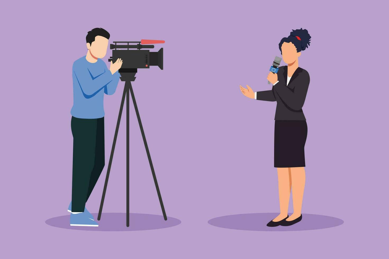 Cartoon flat style drawing journalist icon. Woman reporter. Journalists to report. Two journalists. Team of woman reporter journalist and man operator broadcasting. Graphic design vector illustration