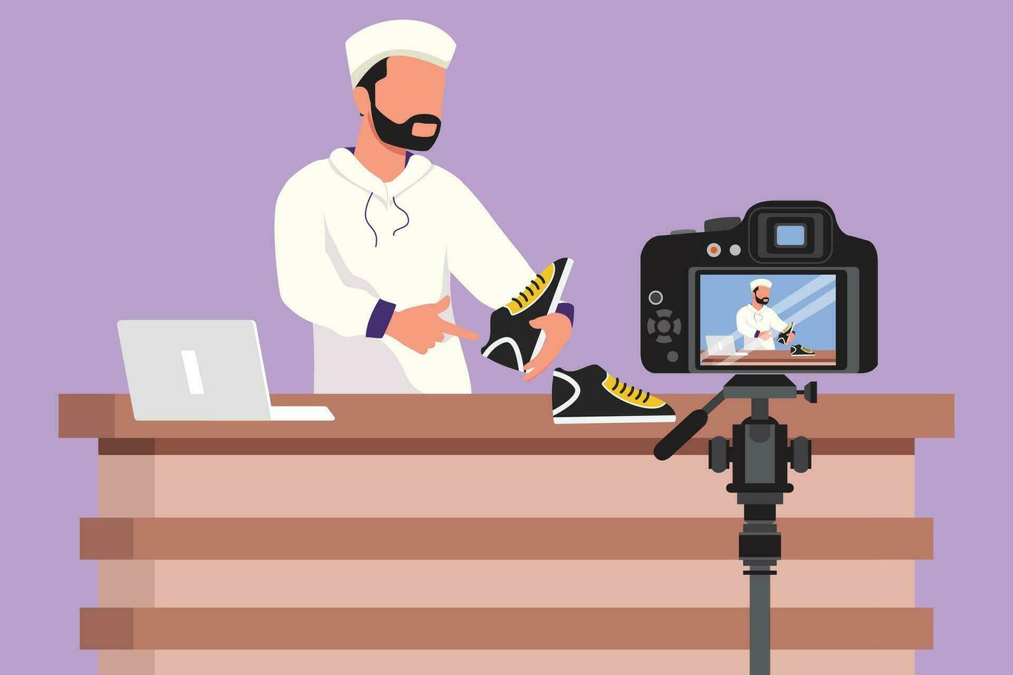 Graphic flat design drawing Arabian male blogger makes video review on camera on topic of sneakers. Online shopping, social media and influencer concept, logo, icon. Cartoon style vector illustration