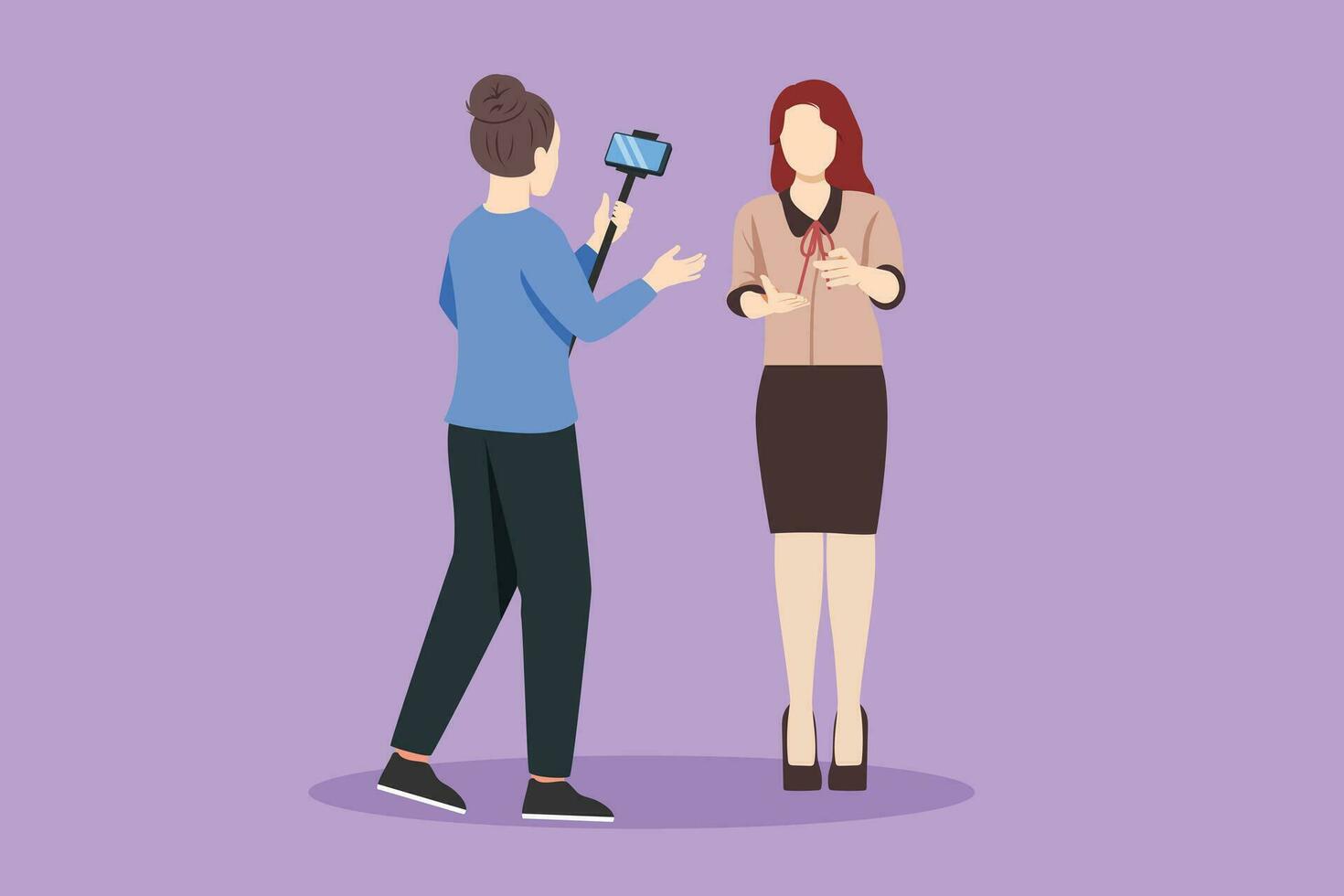 Graphic flat design drawing professional shooting team record video interview for public blog vlog with smartphone and monopod stick. Woman journalist as news anchor. Cartoon style vector illustration