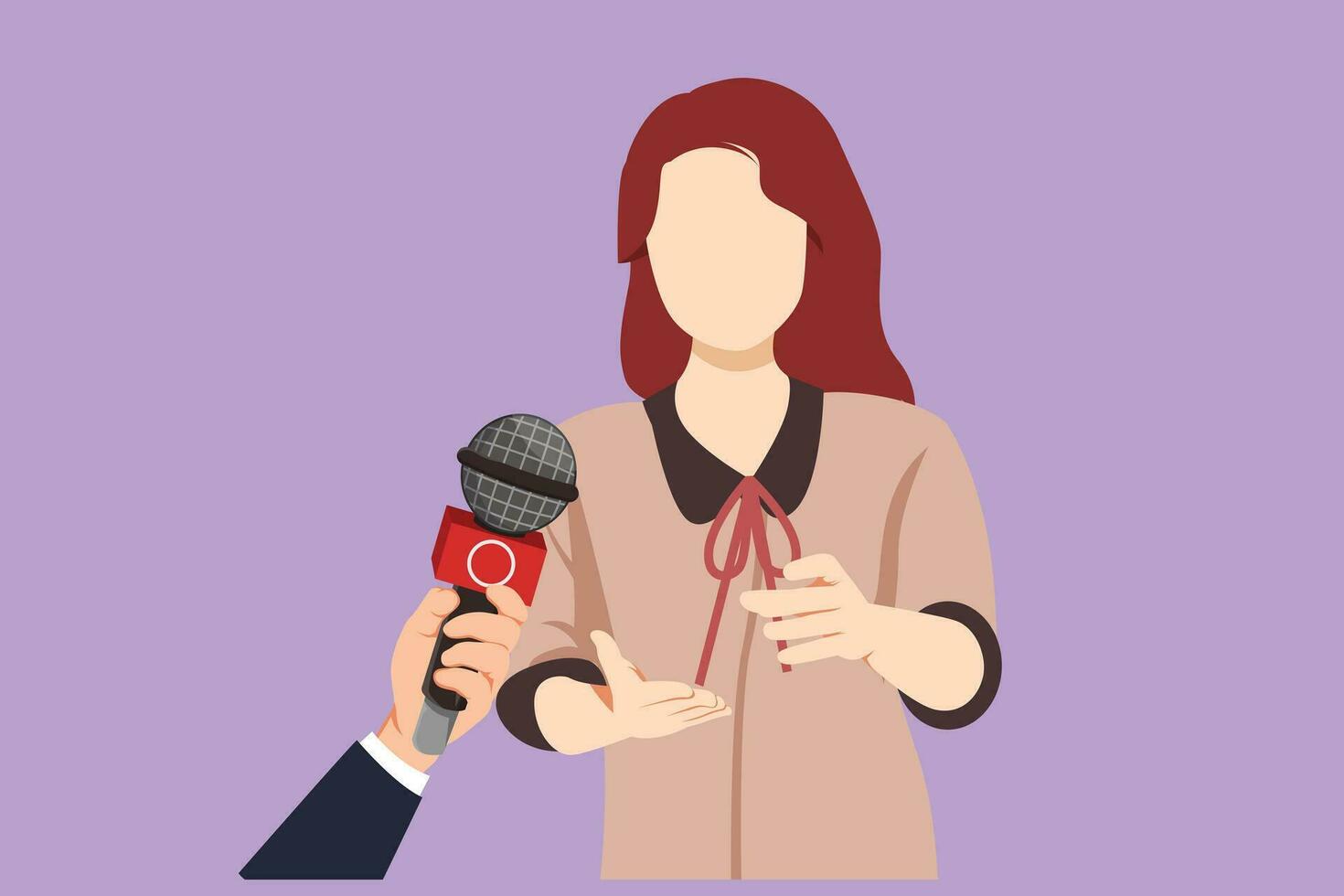 Cartoon flat style drawing business interview with young girl. Digital journalism. News conference world live tv hands of journalists microphones interview concept. Graphic design vector illustration