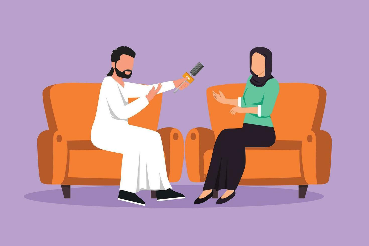 Character flat drawing journalistic interview at TV studio. Coworker, colleagues talk, conversation. Journalist, interview with Arabian businesswoman communicating. Cartoon design vector illustration