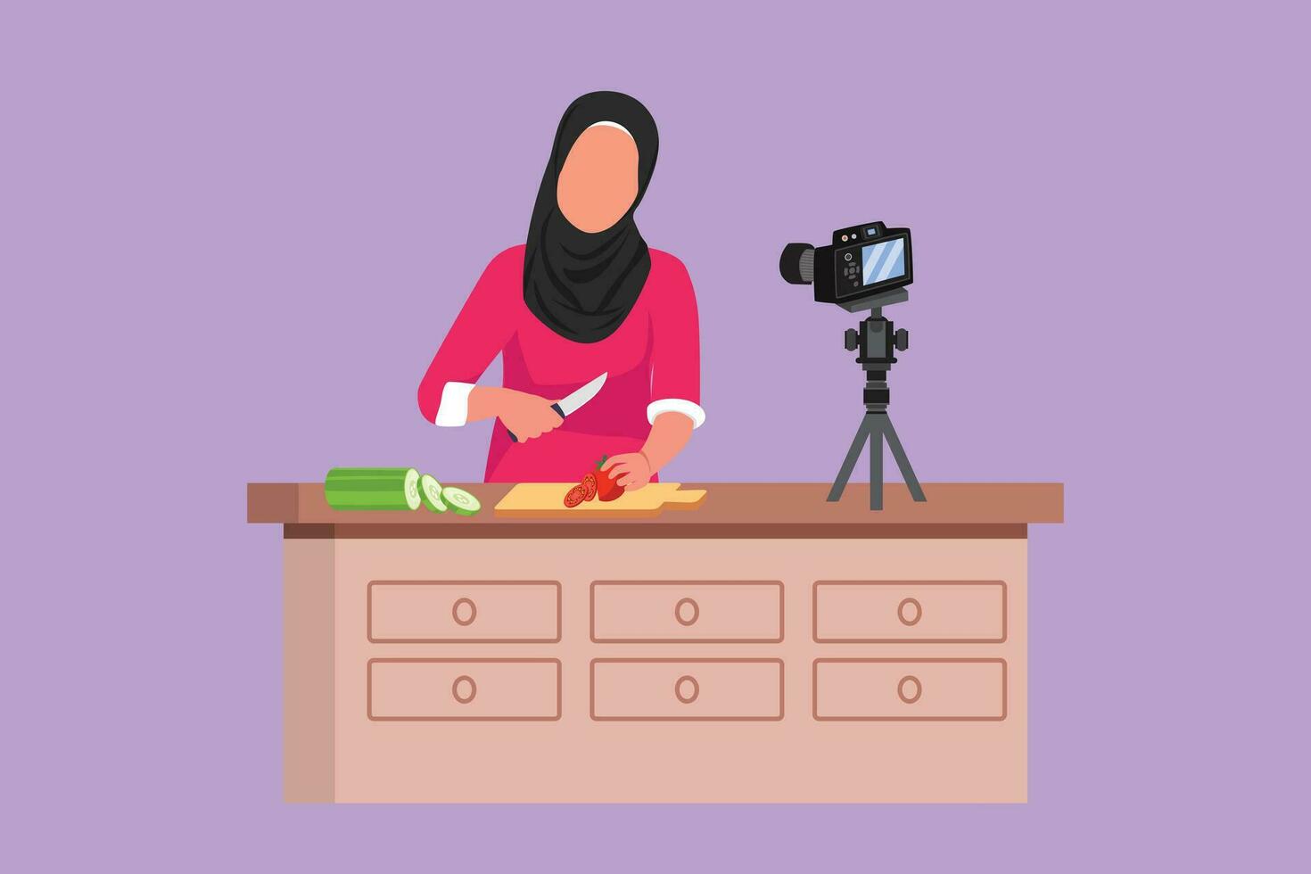 Character flat drawing food blogger. Chef cooking, recording video using camera. Online channel, streaming. Arabian woman teaches cooking new recipe. Culinary show. Cartoon design vector illustration