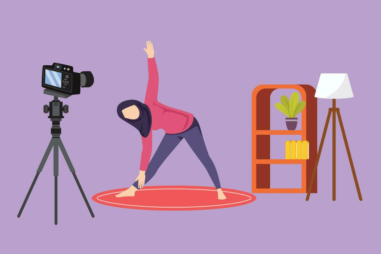 Character flat drawing Arabian woman blogger in hijab sportswear shoots video on camera doing exercises at home. Fitness vlogger live broadcast of training session. Cartoon design vector illustration