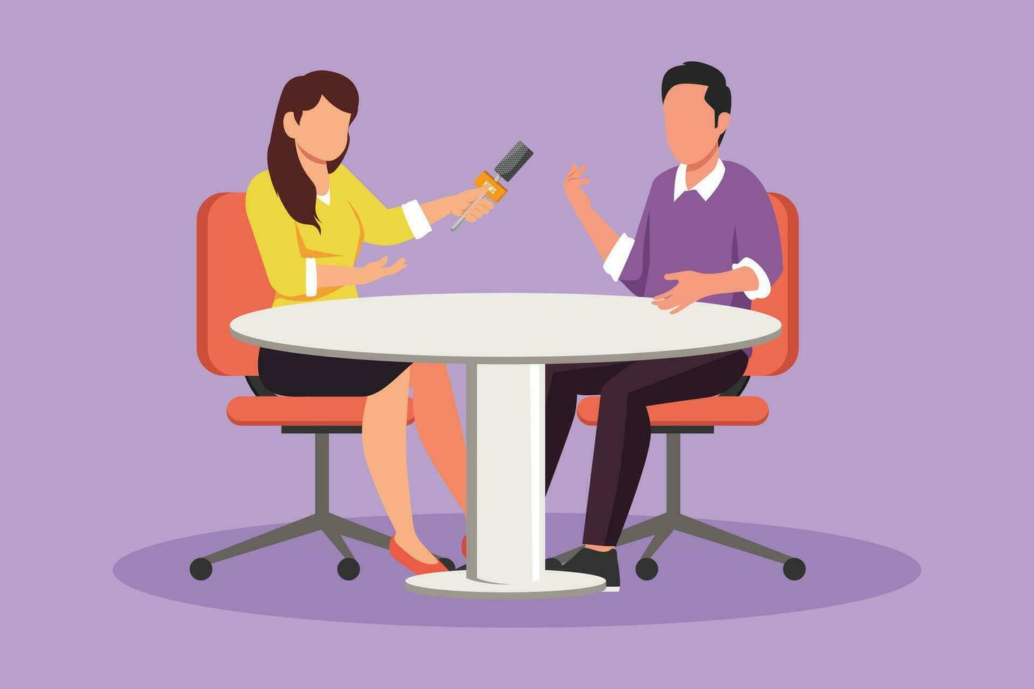 Character flat drawing beautiful TV presenter woman interviewing celebrity man in television studio shooting interview. Show host, guest talking. TV interview icon. Cartoon design vector illustration